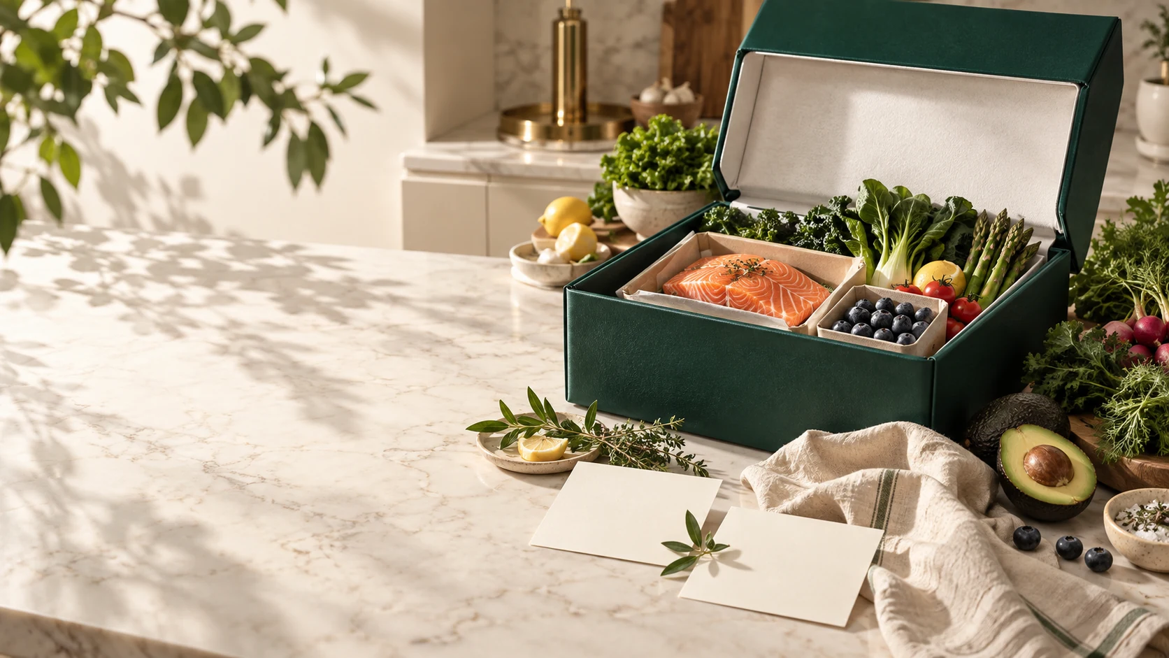 绿叶蔬菜、水果与鱼类组成的食材品牌概念陈列